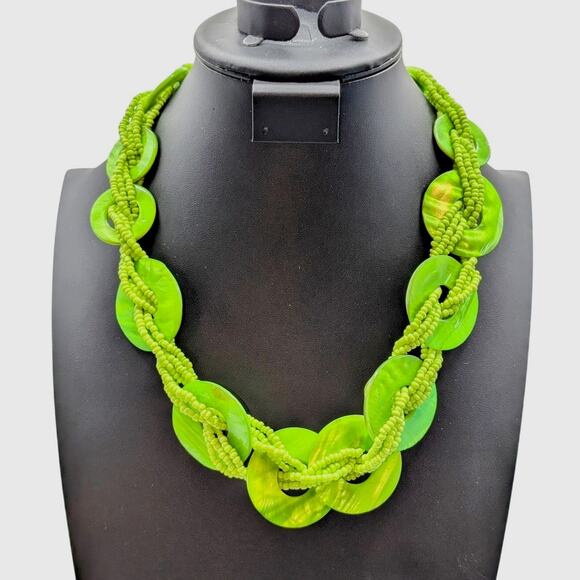 Lime Green Round Shell Disk Seed Bead Statement 23"-26" Necklace - Picture 1 of 4